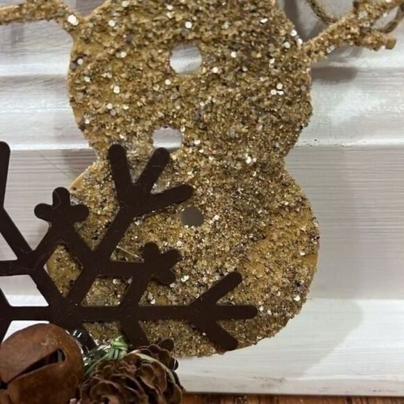 (2) Handmade Reindeer Snowman Christmas Ornaments Sparkly 4” x 6” Jingle Bells - Picture 7 of 14